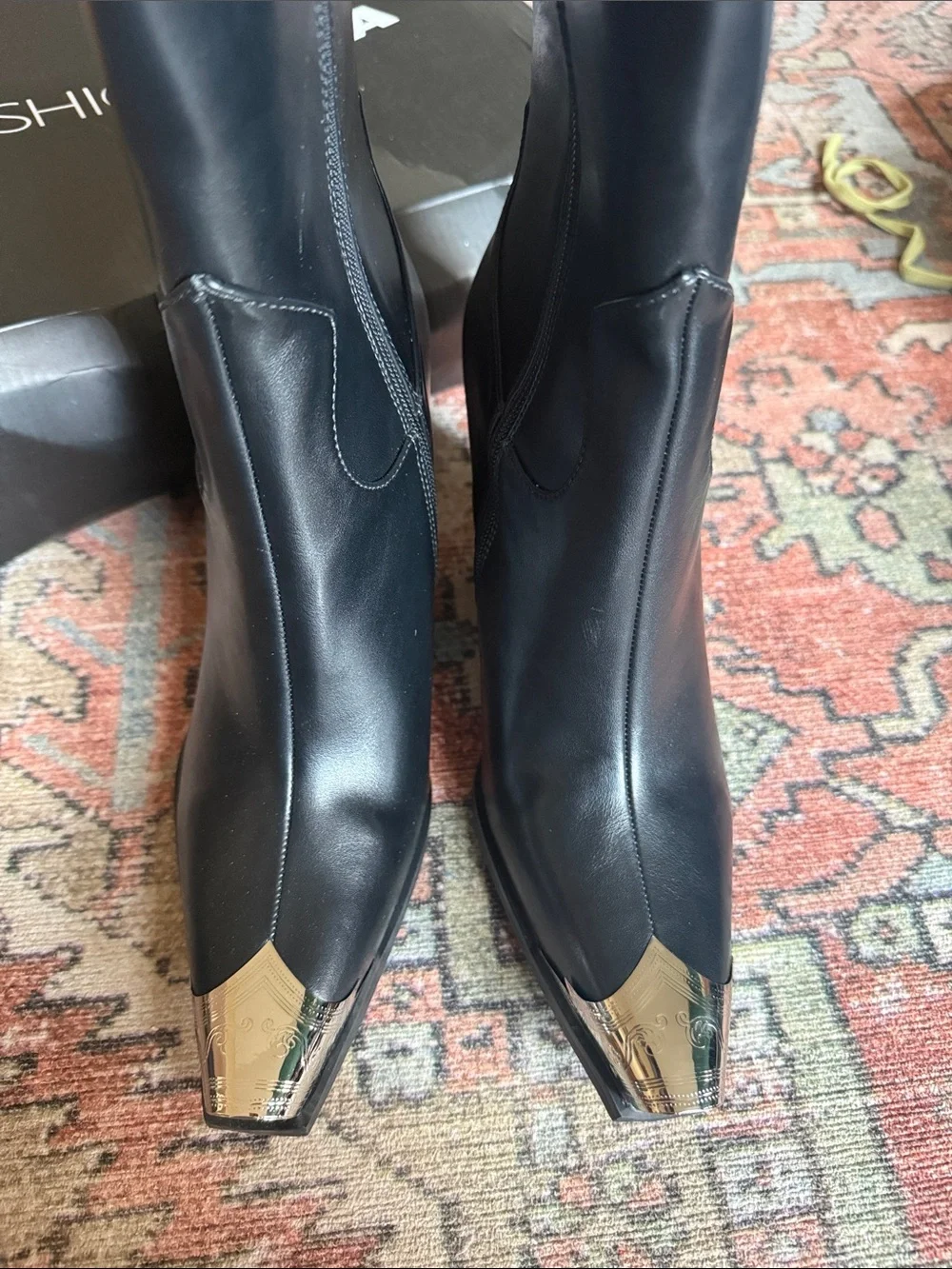 Fashion Nova Black Ankle Booties with Silver Toe Caps